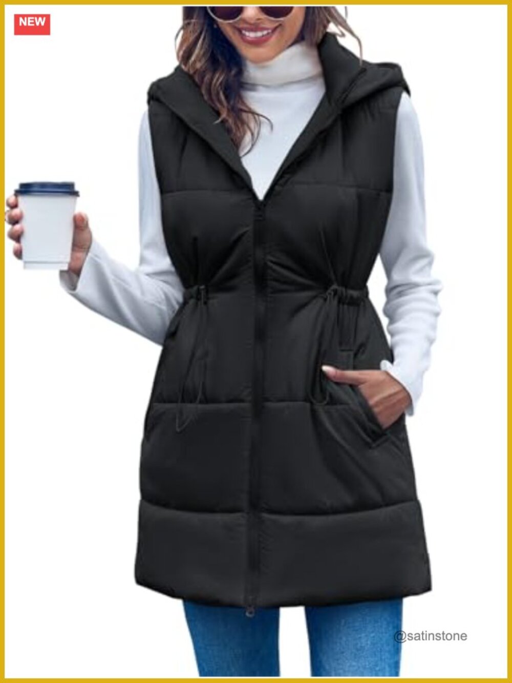 Womens Quilted Puffer Vest Hooded Sleeveless Zip-Up Winter Coat